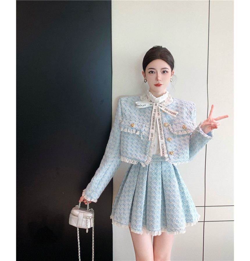 Long-Sleeve Lace Blouse / Tweed Tassel Trim Button-Up Jacket / High Rise Pleated Mini A-Line Skirt / Set