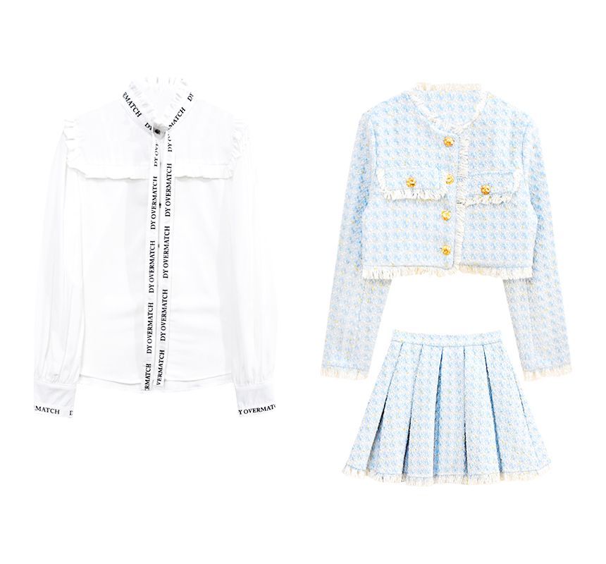 Long-Sleeve Lace Blouse / Tweed Tassel Trim Button-Up Jacket / High Rise Pleated Mini A-Line Skirt / Set