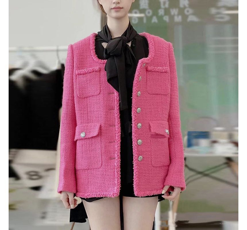 Square Neck Plain Tweed Single Breasted Jacket (Various Designs)