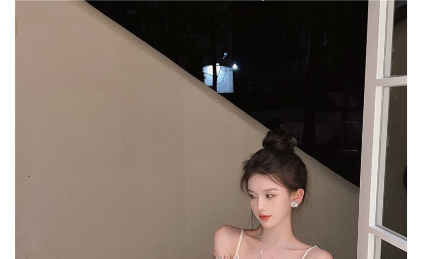 Plain Dress Strap Midi Spaghetti Slim-Fit