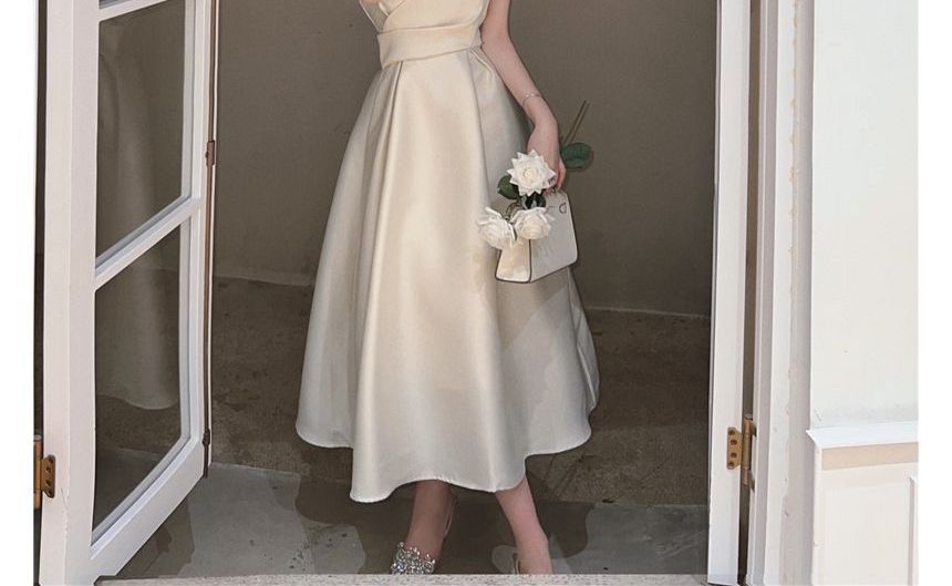 Plain Dress Strap Midi Spaghetti Slim-Fit