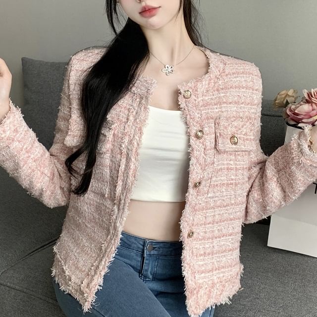 Round Neck Single Breasted Tweed Blazer