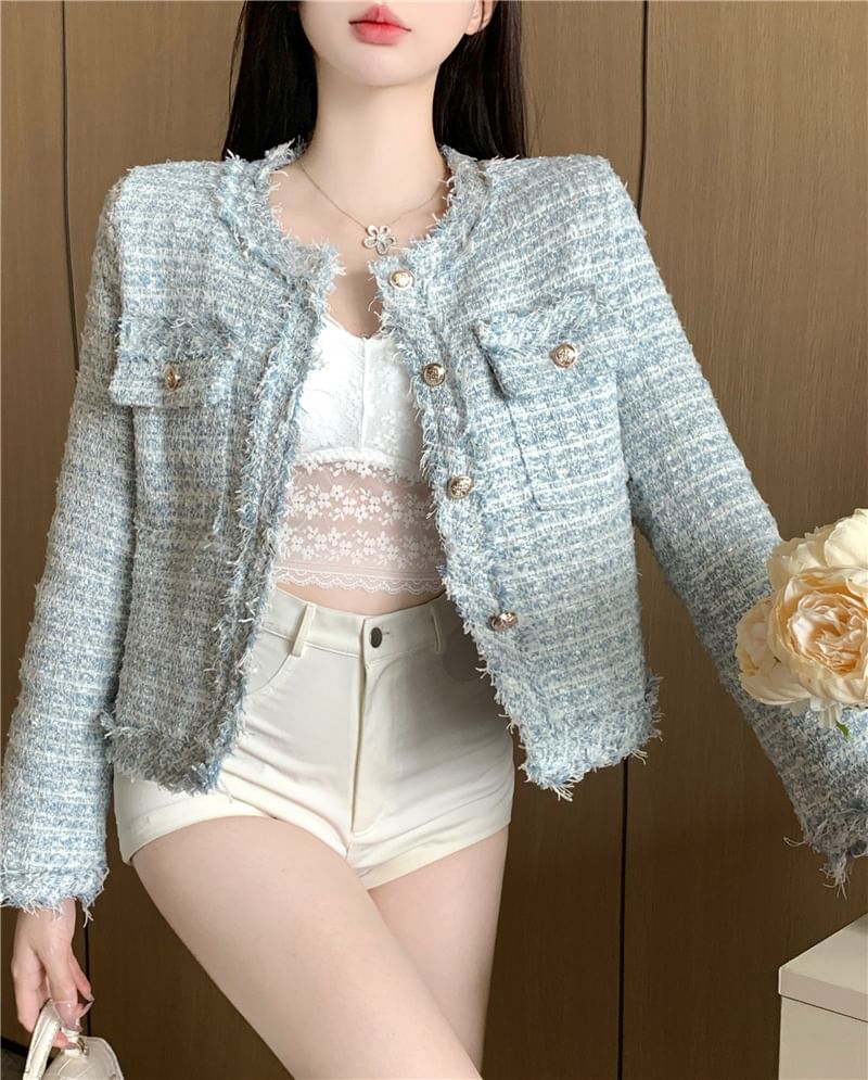 Round Neck Single Breasted Tweed Blazer