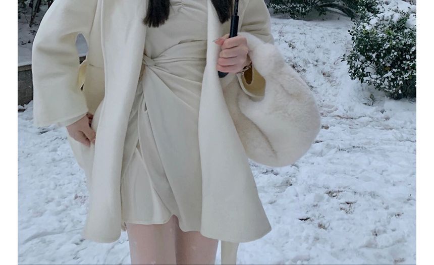 Faux Fur Trim Plain Hooded Open Front Woolen Coat