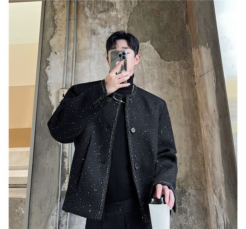 Tweed Trim Glitter Button-Up Jacket