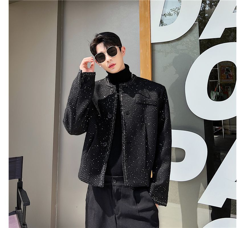 Tweed Trim Glitter Button-Up Jacket