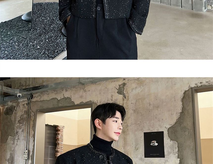 Tweed Trim Glitter Button-Up Jacket