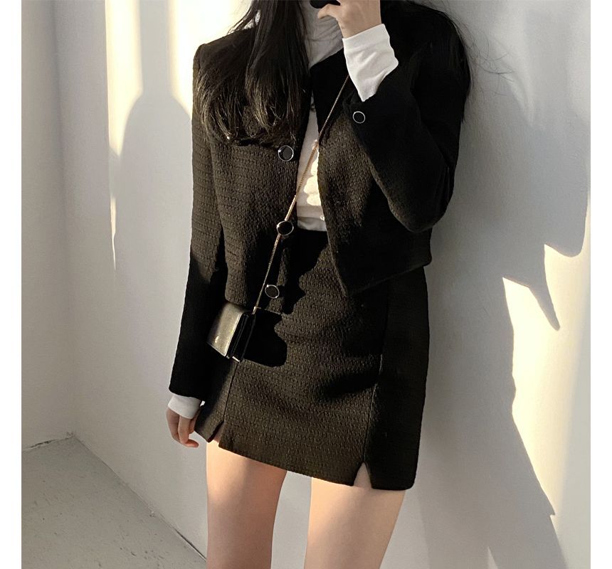 Crew Neck Plain Tweed Cropped Button Jacket / High Waist Slit Mini Pencil Skirt