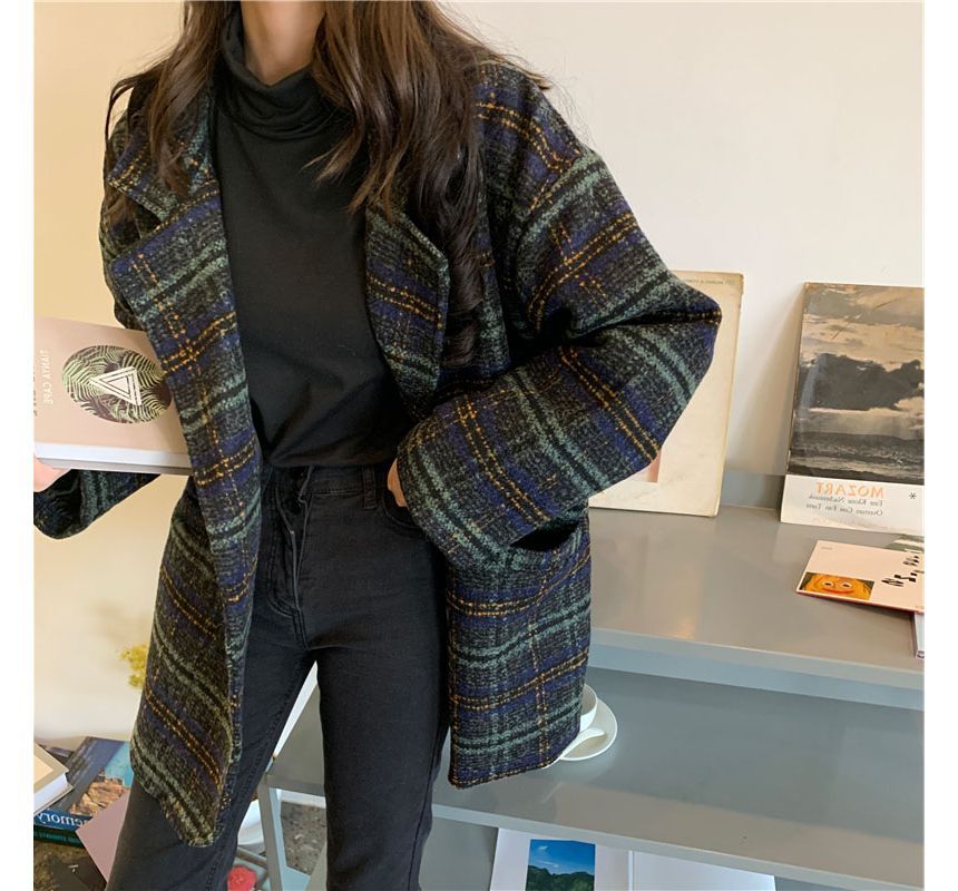 Long-Sleeve Plaid Woolen Coat