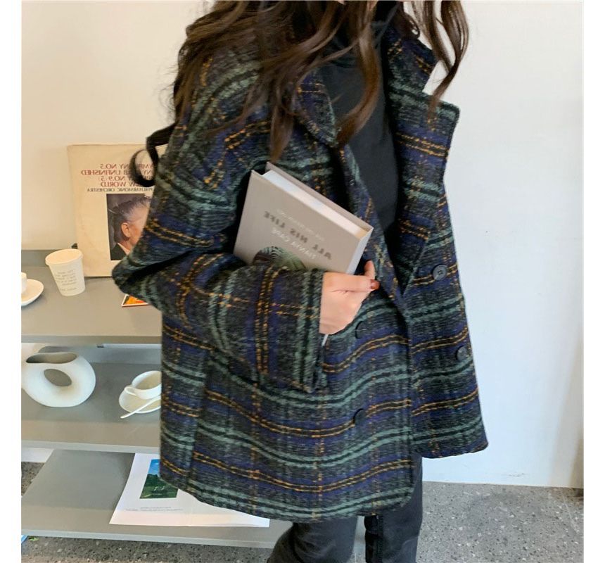 Long-Sleeve Plaid Woolen Coat