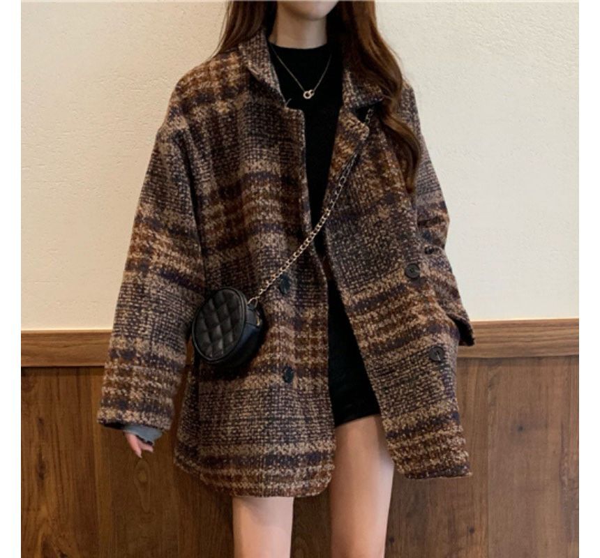 Long-Sleeve Plaid Woolen Coat