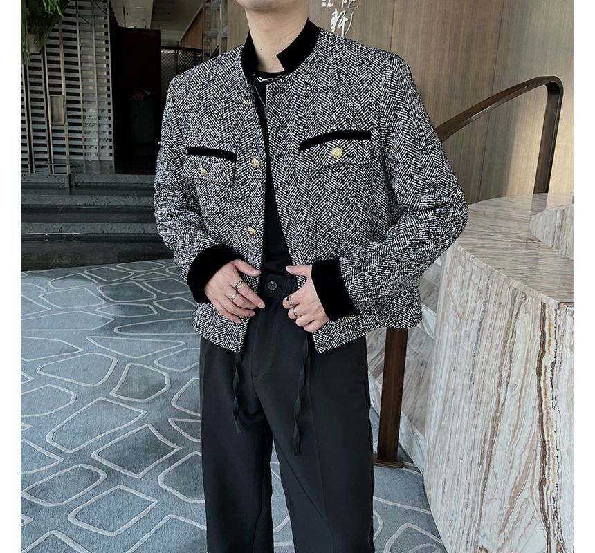 Stand Collar Tweed Zip-Up Crop Jacket