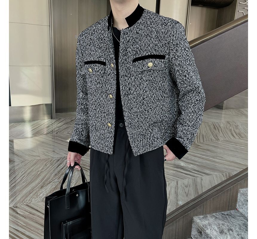 Stand Collar Tweed Zip-Up Crop Jacket