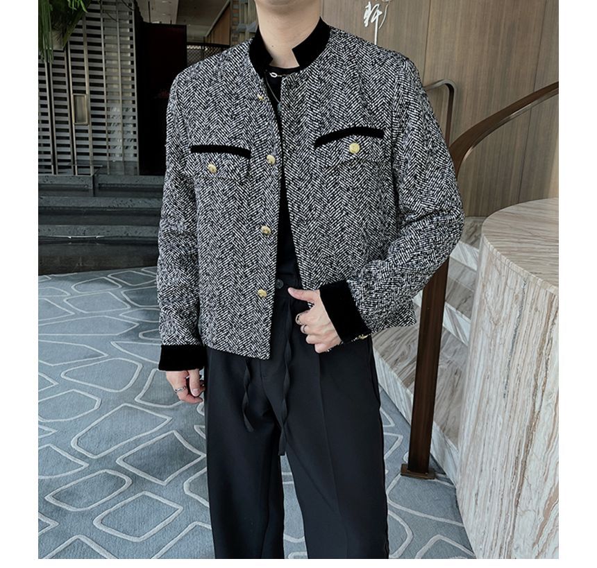 Stand Collar Tweed Zip-Up Crop Jacket