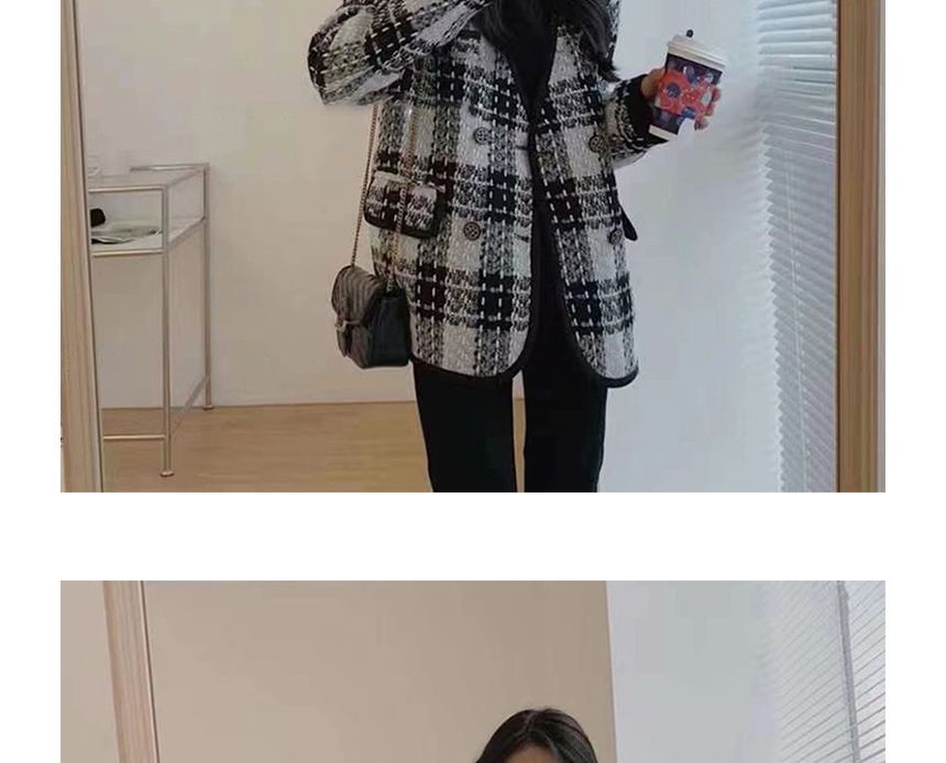 V-Neck Plaid Piped Tweed Double-Breasted Jacket