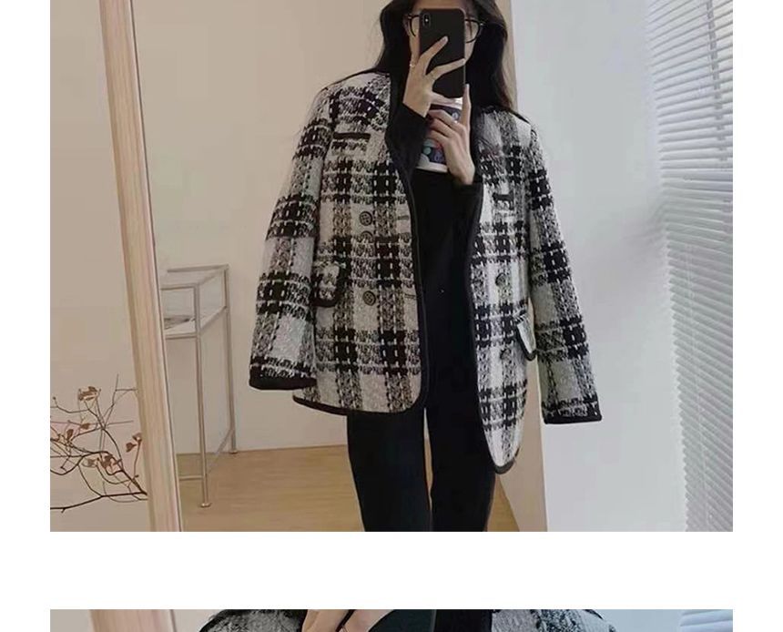V-Neck Plaid Piped Tweed Double-Breasted Jacket