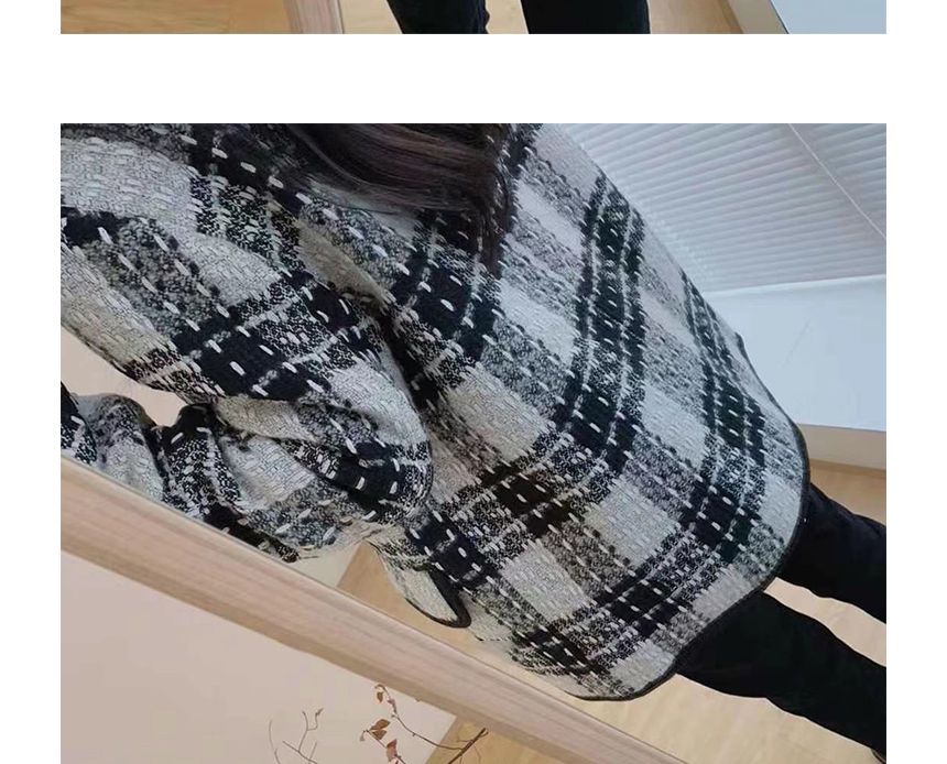 V-Neck Plaid Piped Tweed Double-Breasted Jacket