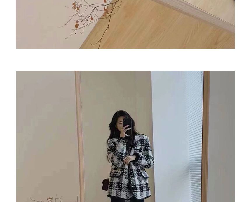 V-Neck Plaid Piped Tweed Double-Breasted Jacket