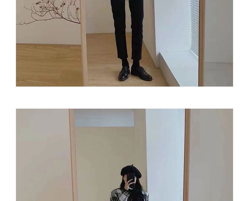 V-Neck Plaid Piped Tweed Double-Breasted Jacket