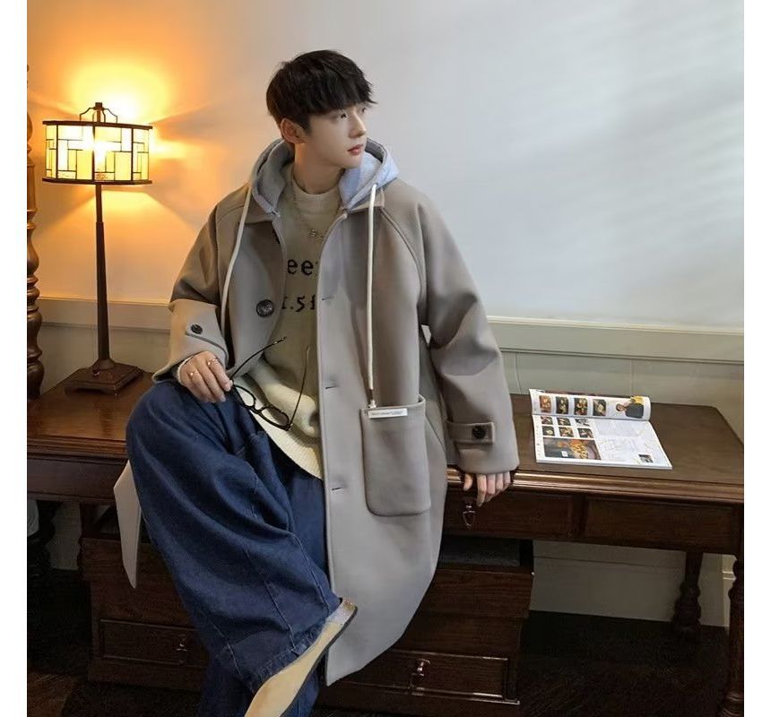 Single Breasted Hooded Woolen Coat