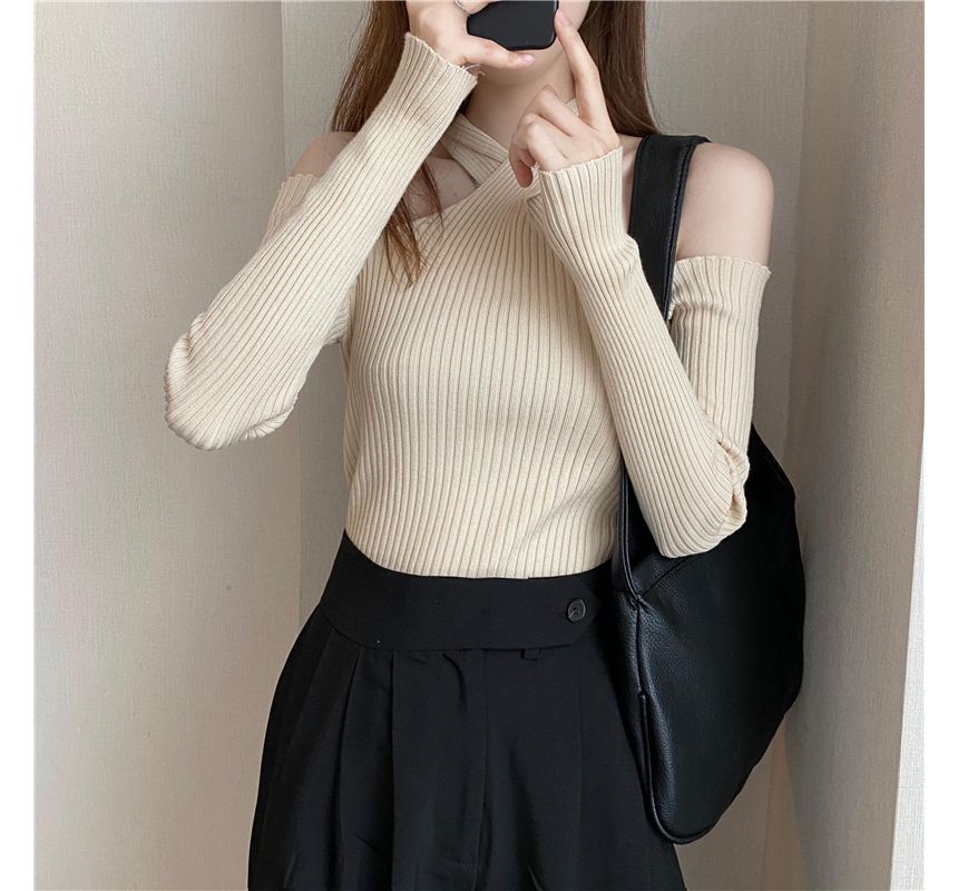 Top Halter Knit Long-Sleeve Plain Cold-Shoulder