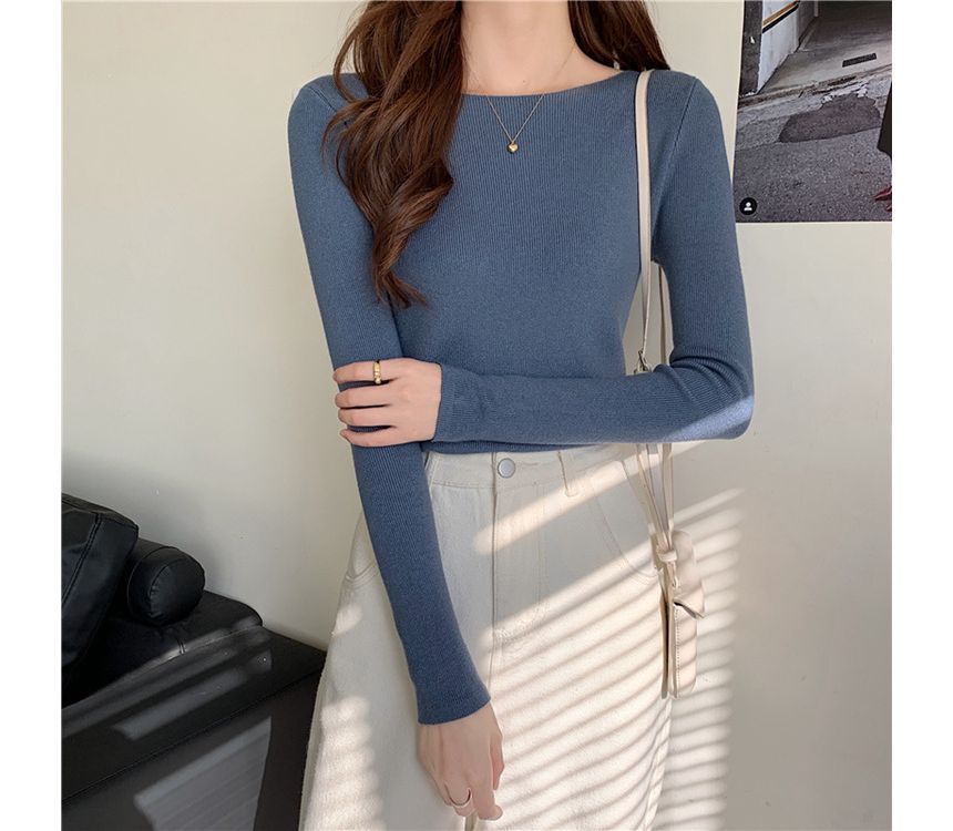 Long-Sleeve Top Knit Plain Slim-Fit