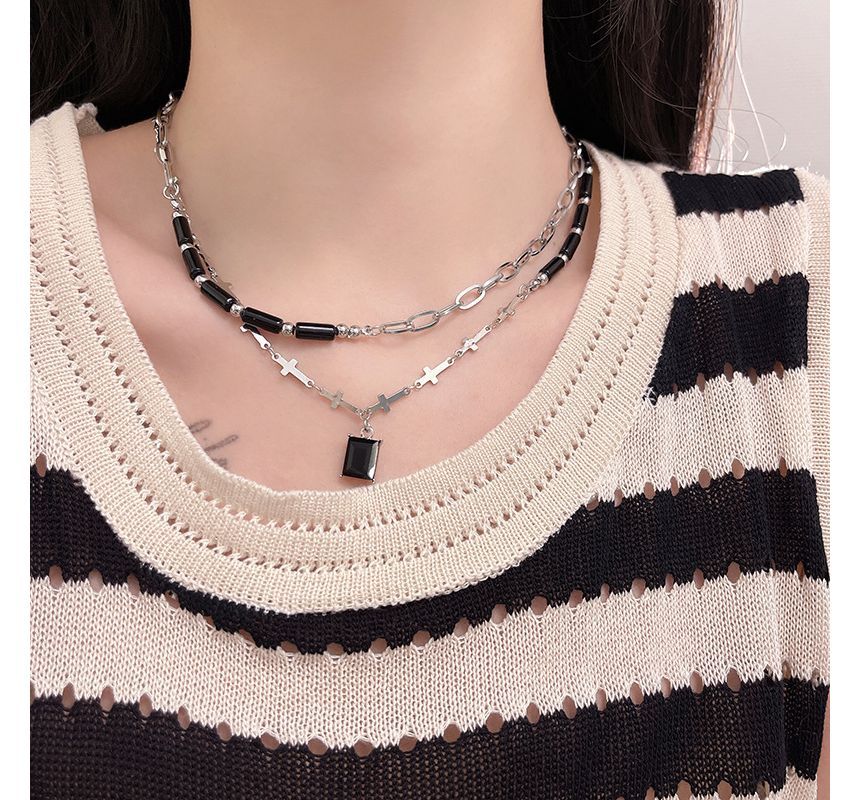 Layered Rhinestone Necklace Crisscross