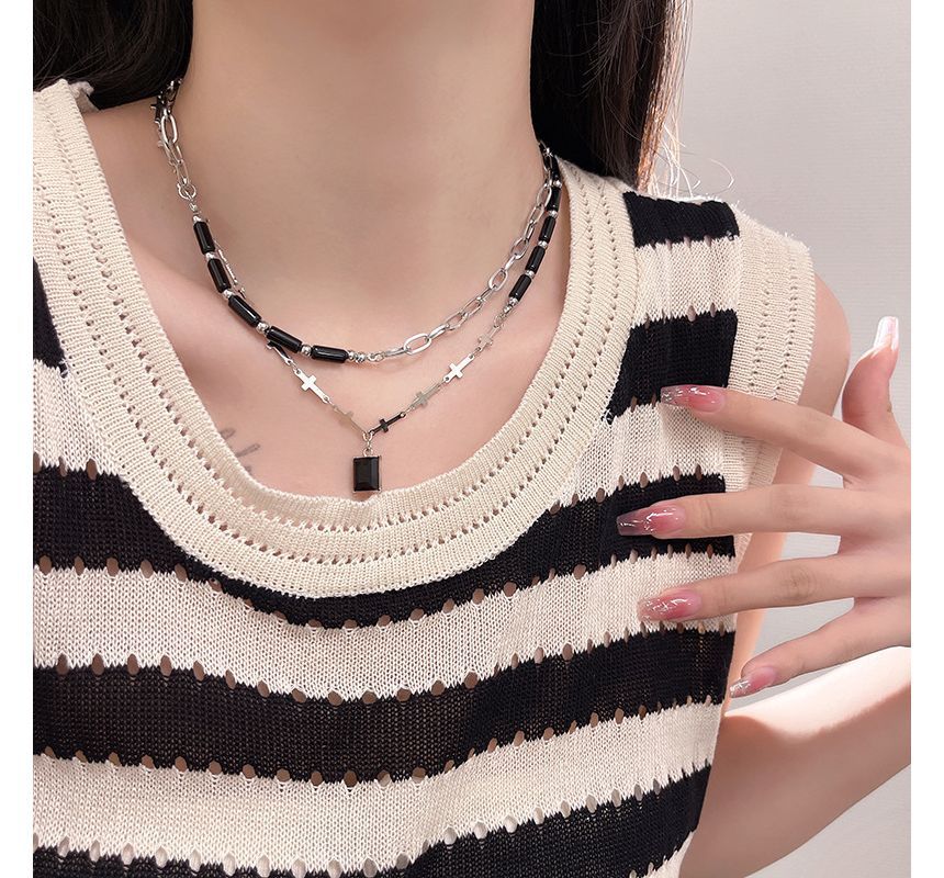 Layered Rhinestone Necklace Crisscross