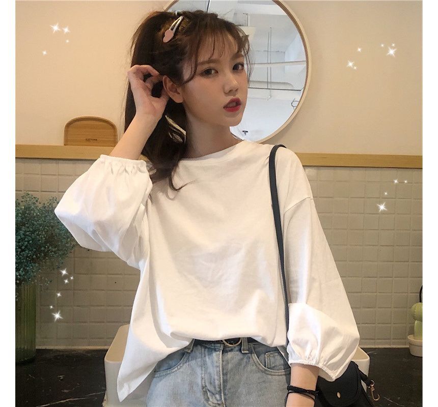 Oversized Round T-Shirt Plain Neck Long-Sleeve