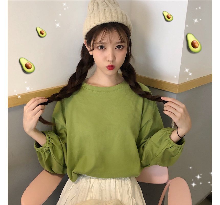 Oversized Round T-Shirt Plain Neck Long-Sleeve