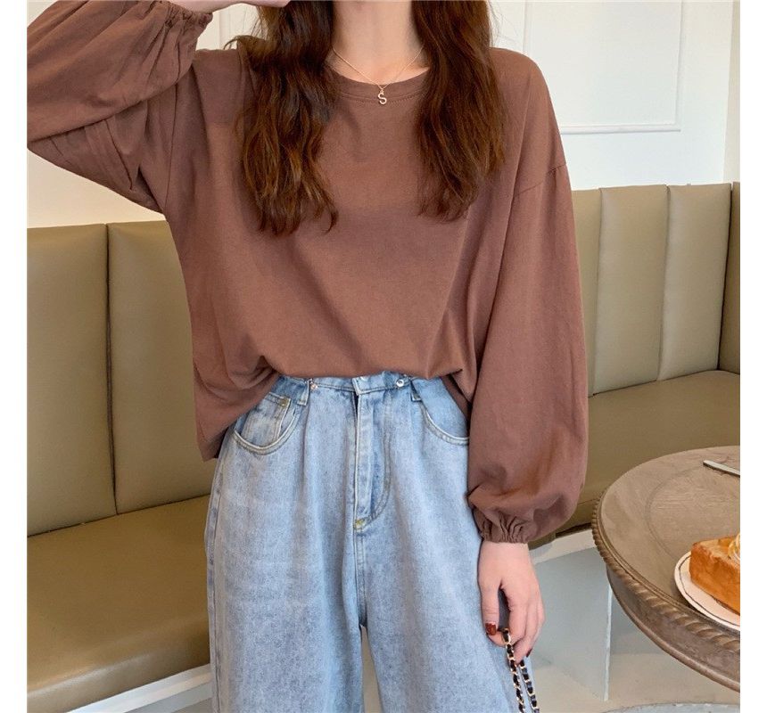 Oversized Round T-Shirt Plain Neck Long-Sleeve