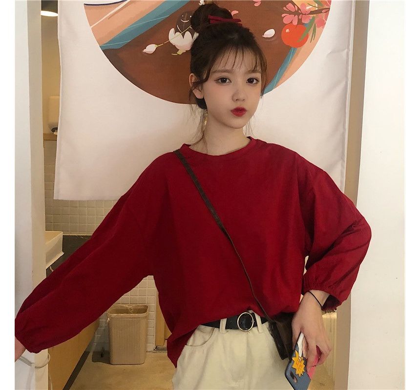 Oversized Round T-Shirt Plain Neck Long-Sleeve