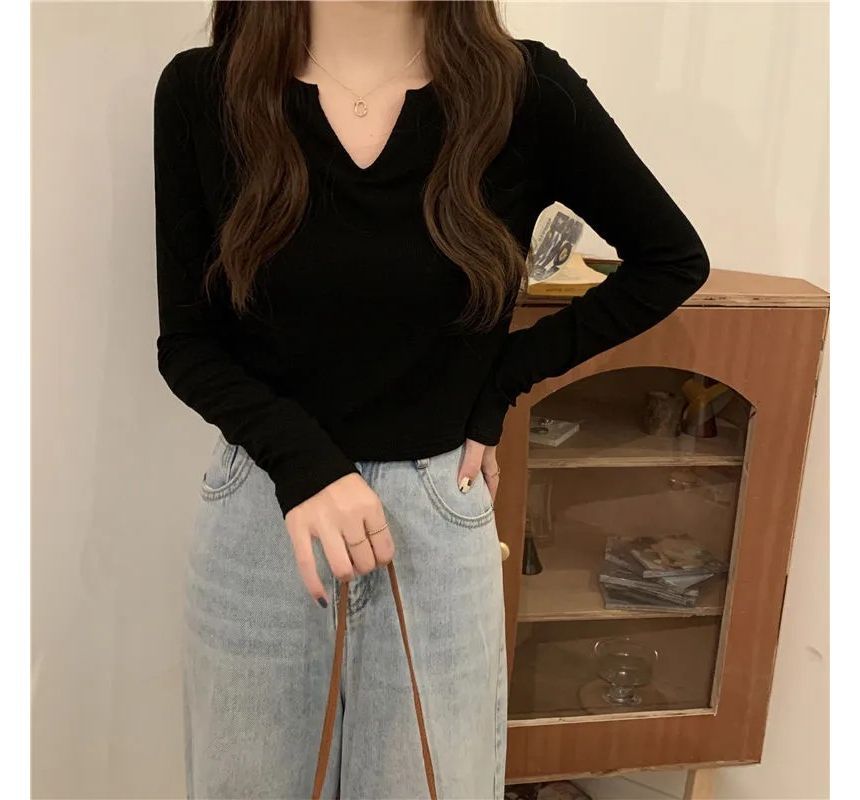 Neck Notch Plain Long-Sleeve T-Shirt