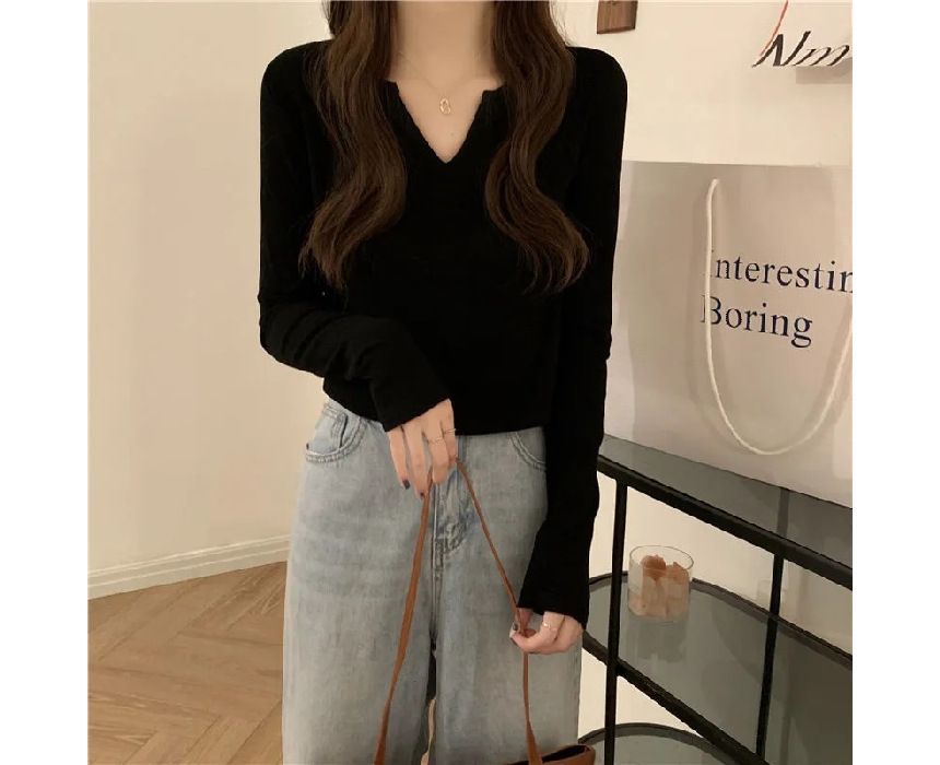 Neck Notch Plain Long-Sleeve T-Shirt