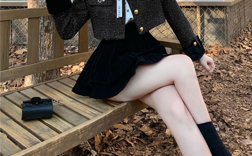 Stand Collar Velvet Panel Tweed Crop Single Breasted Jacket / High Waist Plain Tiered Velvet Mini A-Line Skirt / Long-Sleeve Stand Collar Lettering Print Tie Front Ruffle Blouse