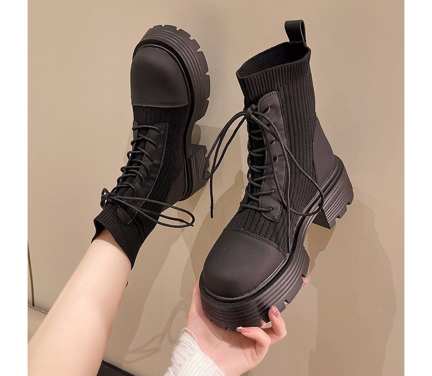 Platform Boots Lace-Up Faux Short Knit Panel Leather