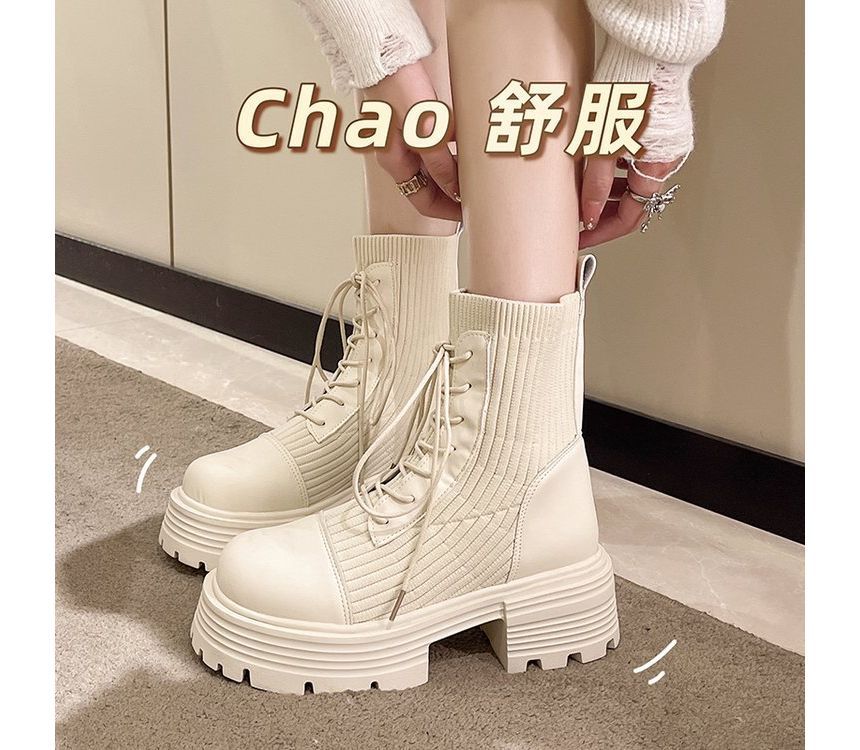 Platform Boots Lace-Up Faux Short Knit Panel Leather
