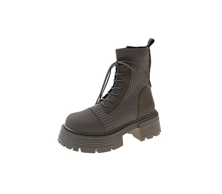 Platform Boots Lace-Up Faux Short Knit Panel Leather