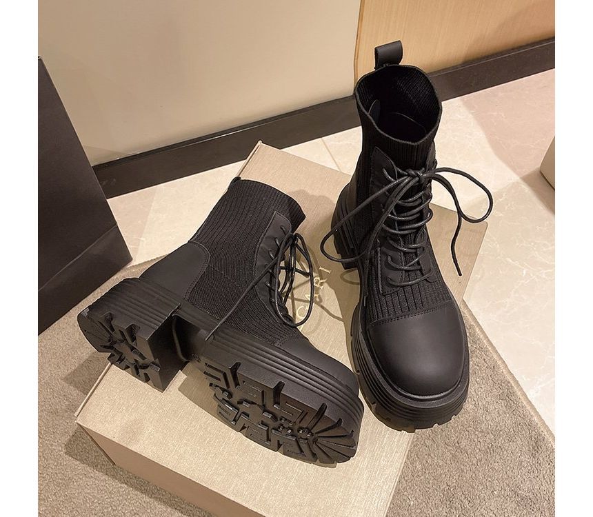 Platform Boots Lace-Up Faux Short Knit Panel Leather