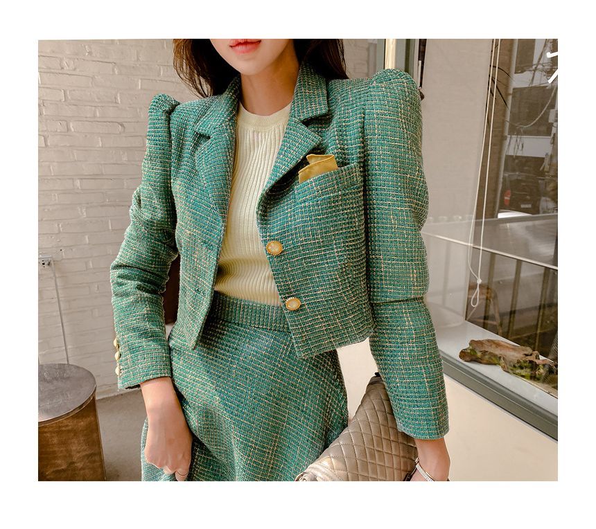 Set: Tweed Button-Up Crop Jacket + High Waist Midi A-Line Skirt