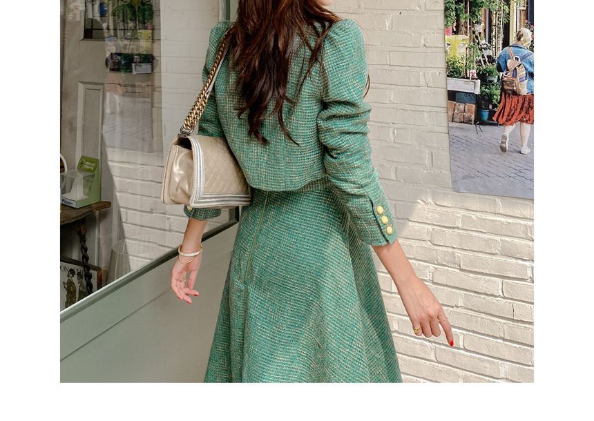 Set: Tweed Button-Up Crop Jacket + High Waist Midi A-Line Skirt