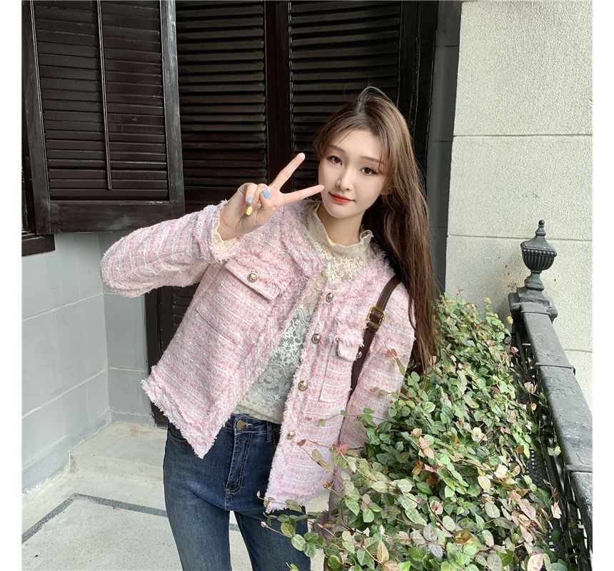 Round Neck Single Breasted Fringed Tweed Blazer