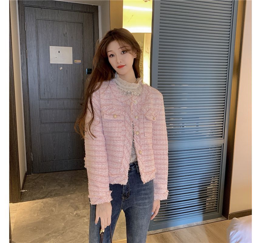 Round Neck Single Breasted Fringed Tweed Blazer