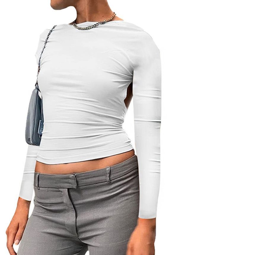 Plain Backless Crop Neck Way T-Shirt Long-Sleeve Two Boat