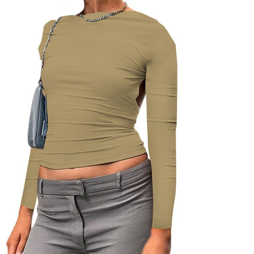 Plain Backless Crop Neck Way T-Shirt Long-Sleeve Two Boat