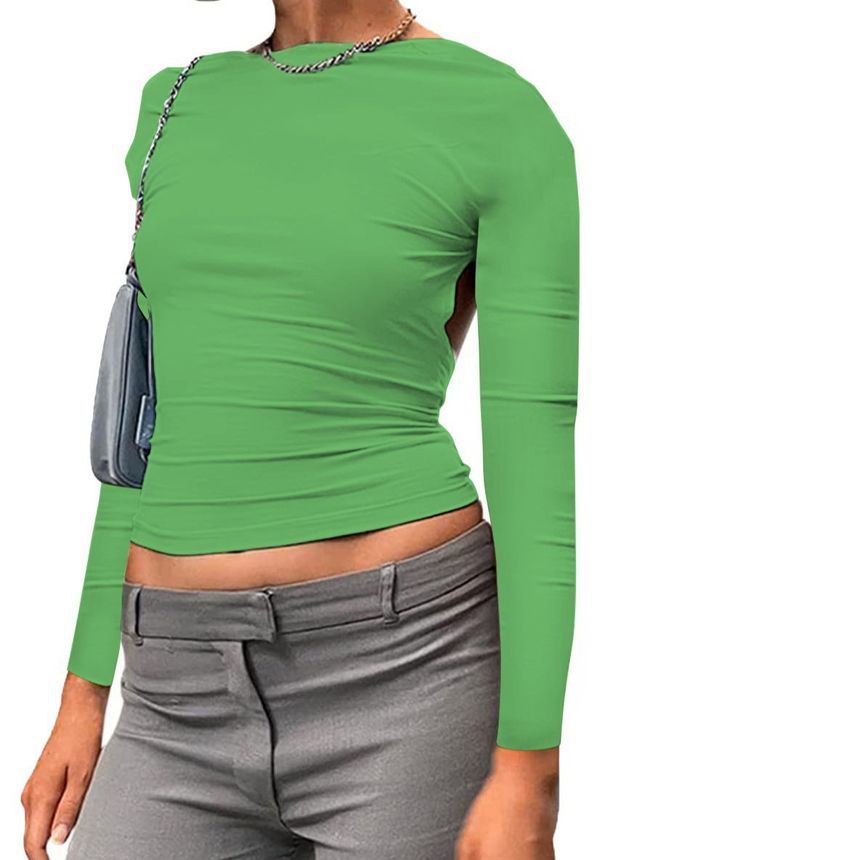Plain Backless Crop Neck Way T-Shirt Long-Sleeve Two Boat