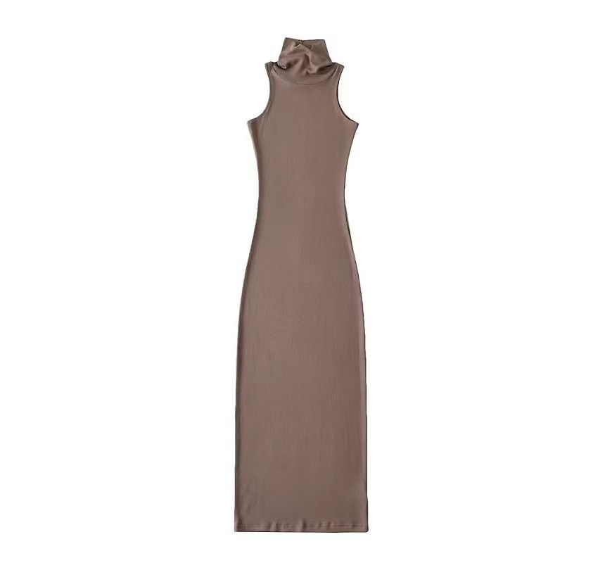 Sleeveless Turtleneck Plain Slim-Fit Dress