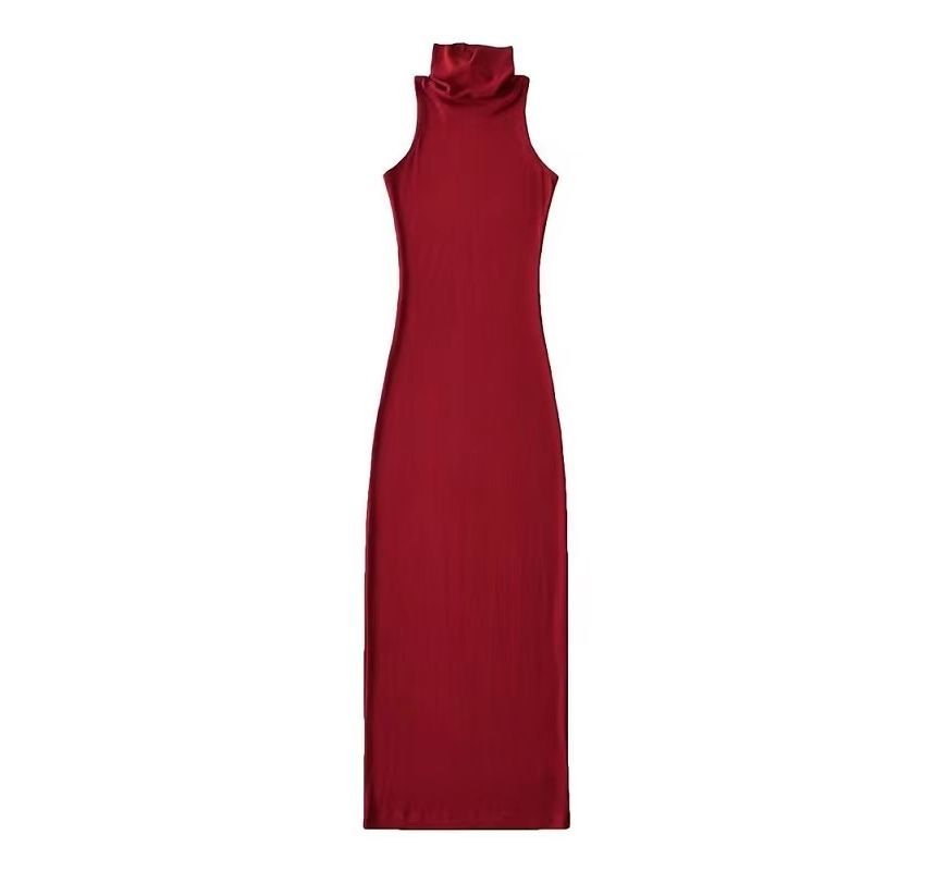 Sleeveless Turtleneck Plain Slim-Fit Dress