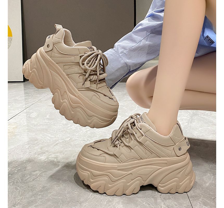 Platform Leather Plain Sneakers Print Lettering Faux Fleece-Lined