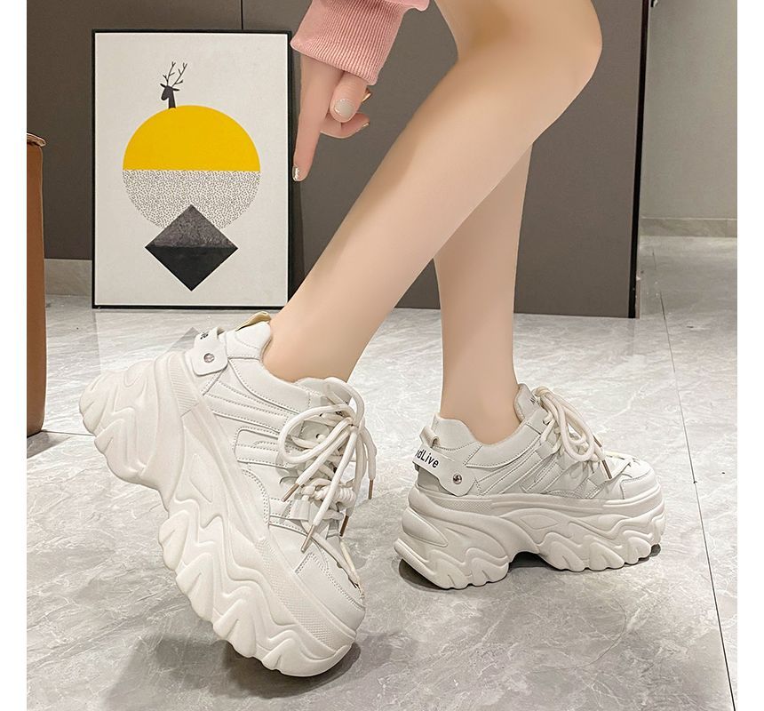 Platform Leather Plain Sneakers Print Lettering Faux Fleece-Lined